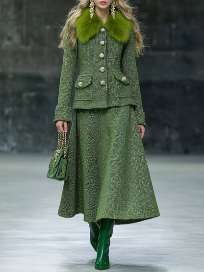 Ensemble Chic en Tweed avec Veste et Jupe, Orné d'un Col en Fourrure Synthétique Rétro