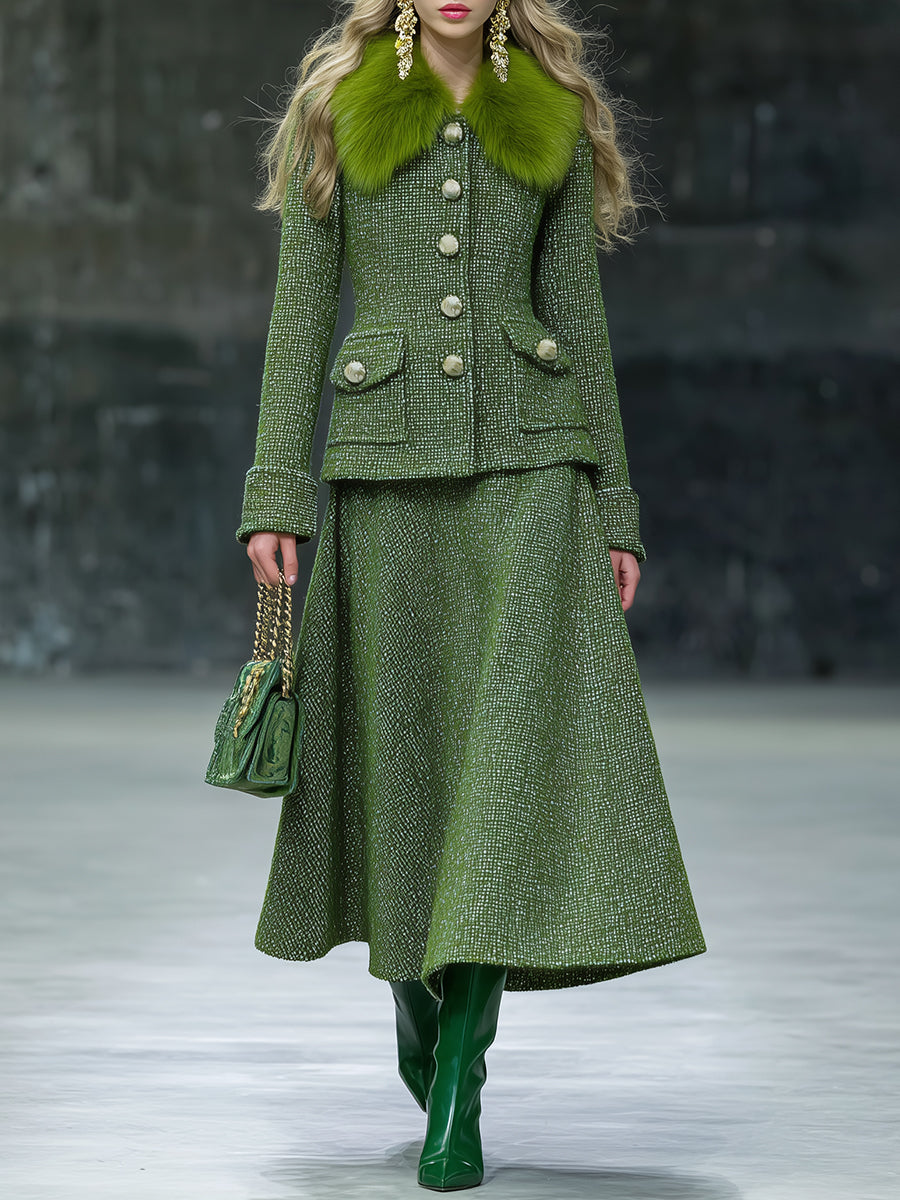 Ensemble Chic en Tweed : Jupe et Veste avec Col en Fausse Fourrure - Style Rétro