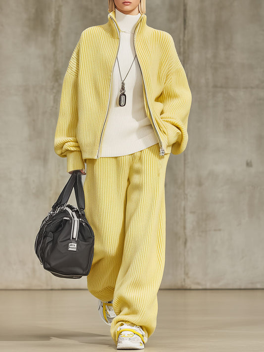 Ensemble Chic en Tricot : Cardigan Zippé à Col Montant et Pantalons à Jambe Large