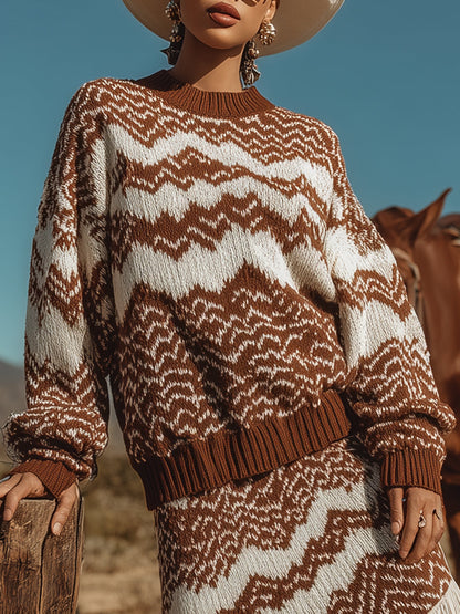 Ensemble Western Rétro : Pull Zigzag et Jupe Frangée