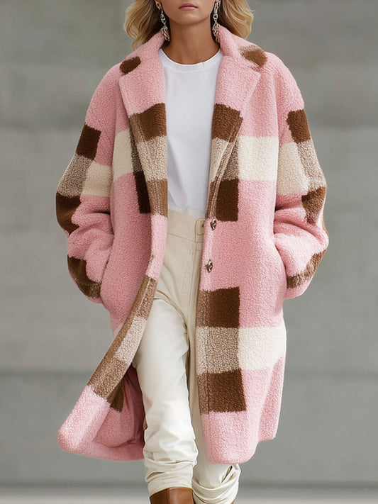 Veste en Polaire Rétro à Motif Carreaux Rose et Marron - Coupe Ample
