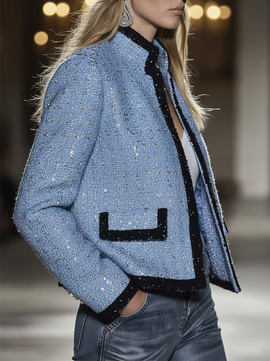 Veste Élégante en Tweed Bleu avec Sequins : L'Allure à la Mode