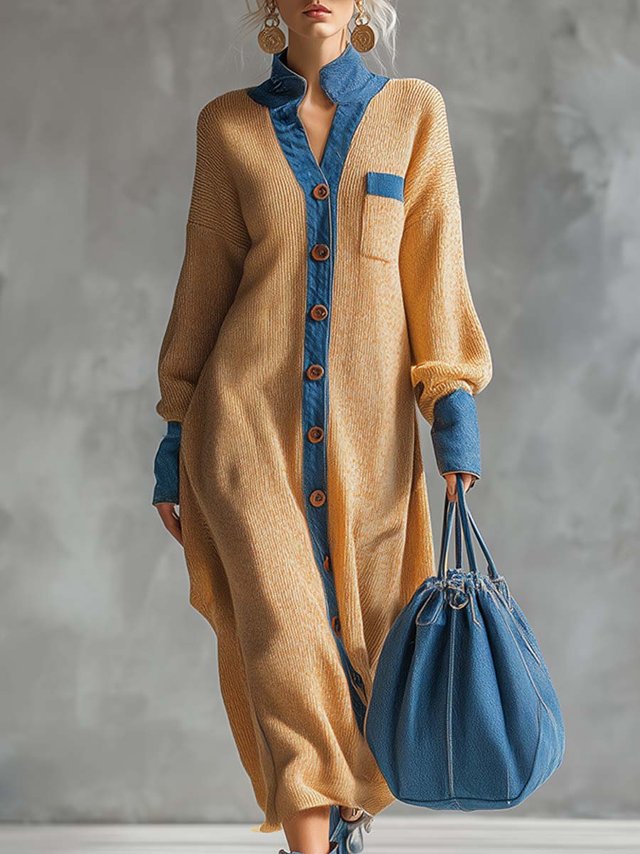 Cardigan Maxi Tricoté avec Bordures en Denim - Teinte Gingembre