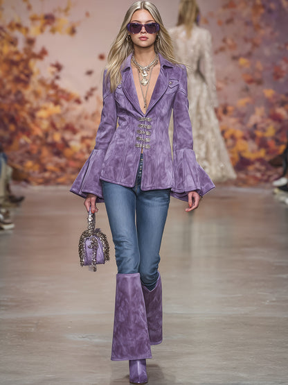 Veste Romantique en Faux Suède Violet avec Boutons et Revers Vintage