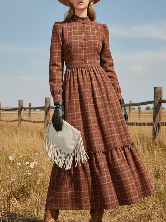 Robe Maxi à Col Rond en Plaid Rouge Éclatant avec Boutons