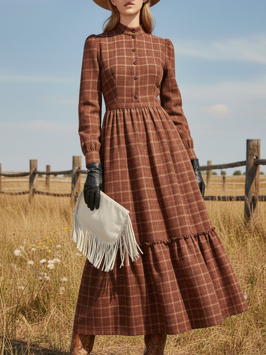 Robe Maxi Boutonnée en Plaid Rouge Rouille avec Col Rond