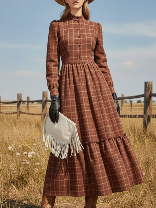 Robe Maxi Boutonnée en Plaid Rouge Rouille avec Col Rond