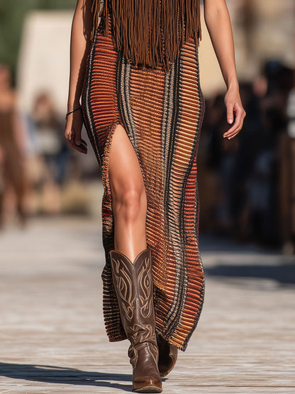 Robe Maxi Tricotée à Franges avec Capuche – Style Rétro Western, Expédition en 24 Heures