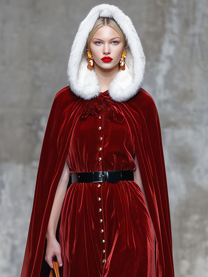 Ensemble Vintage en Velours Rouge avec Capuche et Col en Fourrure