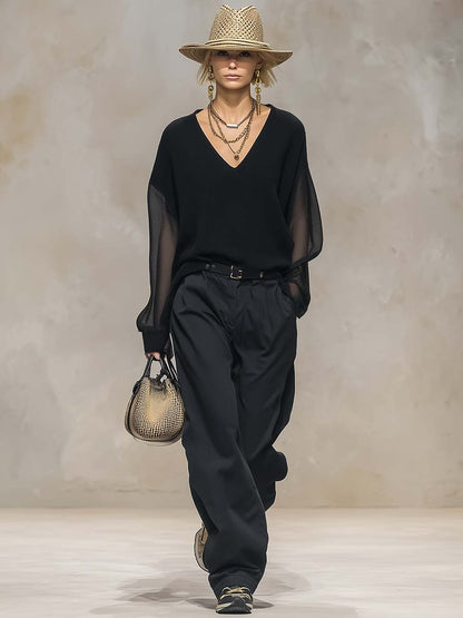 Blouse Noire en Maille Longue à Manches Transparentes - Élégance Confortable avec Décolleté en V