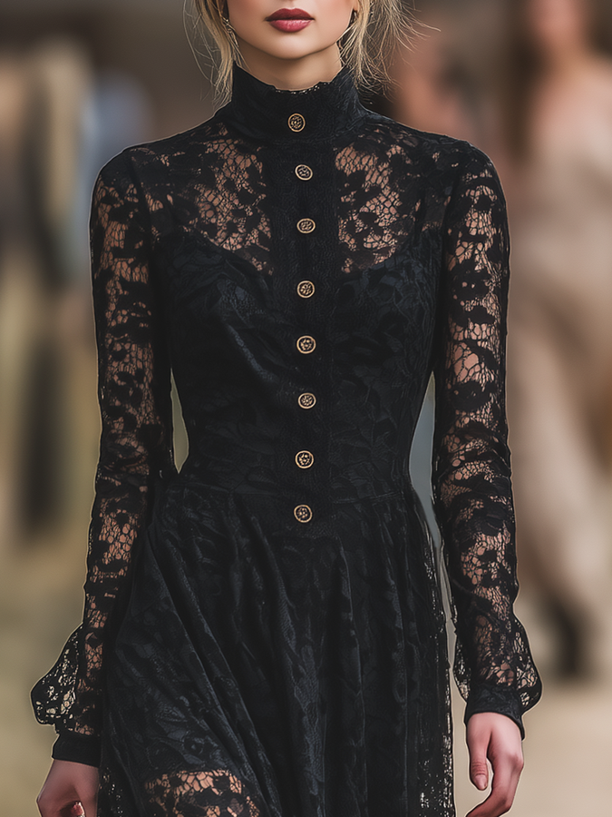 Robe Maxi en Dentelle Élégante avec Col Montant au Charme Western