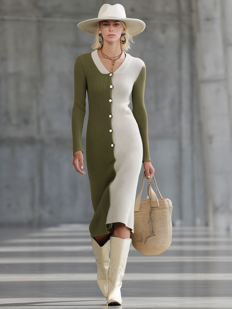 Robe Midi Vintage en Tricot Vert Mousse et Blanc