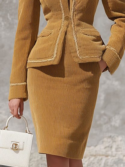 Blazer en Velours Côtelé avec Ourlet Contrastant et Bouton Unique