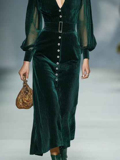 Robe Midi en Velours Côtelé Vert Foncé - Élégance Rétro Luxe