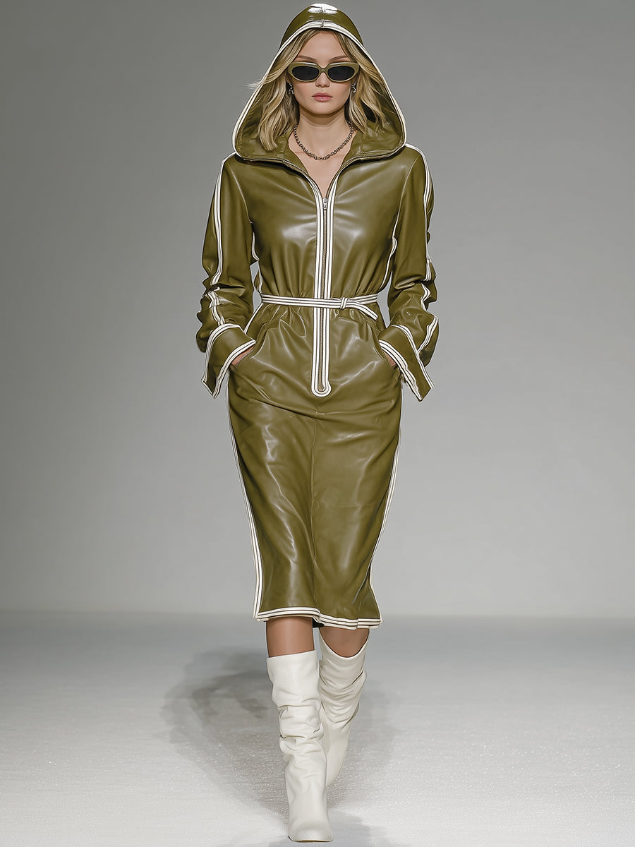 Robe Midi Rétro Olive en Similicuir avec Capuche et Détails Blancs