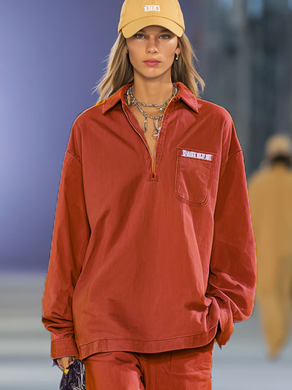 Ensemble Orange Chic : Sweatshirt Brodé à Manches Longues et Pantalon Ample