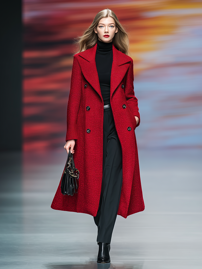Élégant Manteau Long en Tweed Vintage à Double Bouton