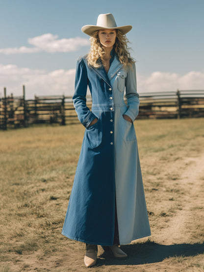 Trench Long en Denim Colorblock : Élégance Bleu Foncé et Bleu Clair