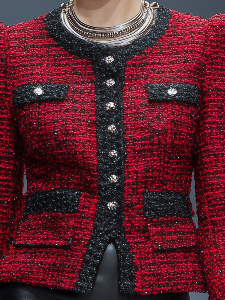 Veste Rouge en Tweed avec Détails en Sangle Noire