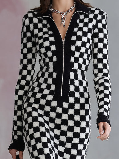 Chic Midi Robe Zippée en Mohair à Carreaux Noir et Blanc