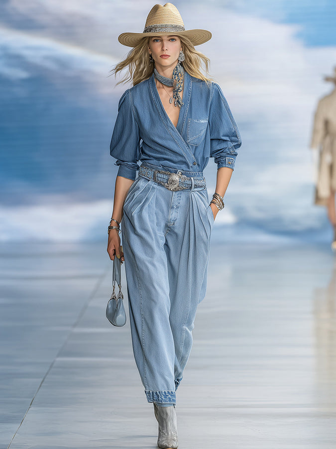 Ensemble Vintage en Jean avec Culottes Amples Chic