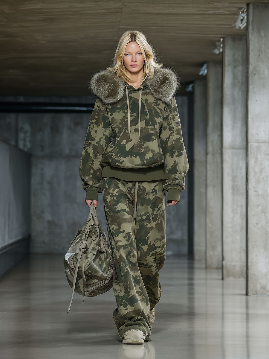 Ensemble Décontracté en Camouflage : Sweatshirt à Col en Fausse Fourrure et Pantalon Large