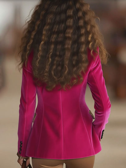 Veste en Velours Rose avec Détails en Imprimé Léopard et Fermeture à Un Bouton