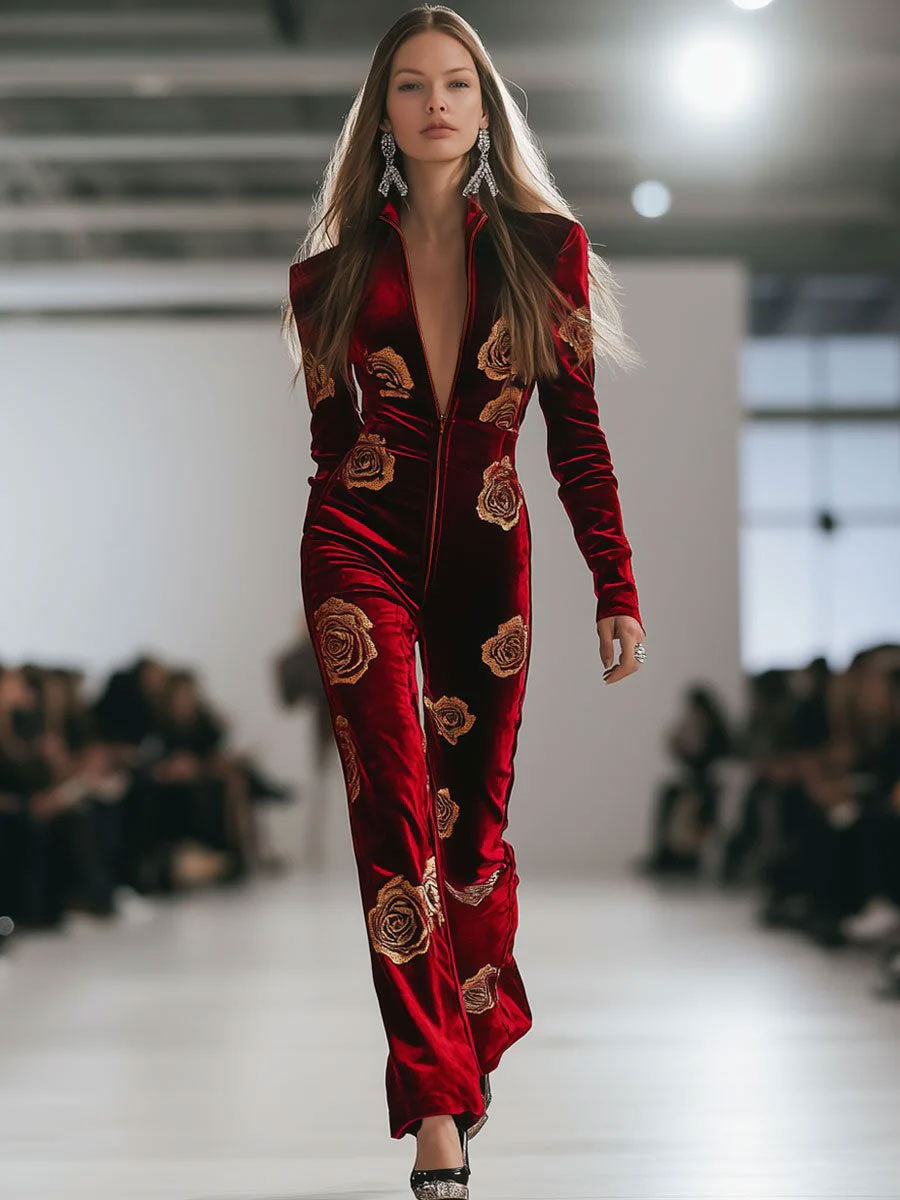 Combinaison Rétro en Velours Rouge avec Imprimé Rose Doré - Expédition Rapide sous 24 Heures!