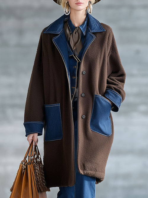 Veste en polaire chocolat avec patchwork en denim - Style nomade urbain rétro