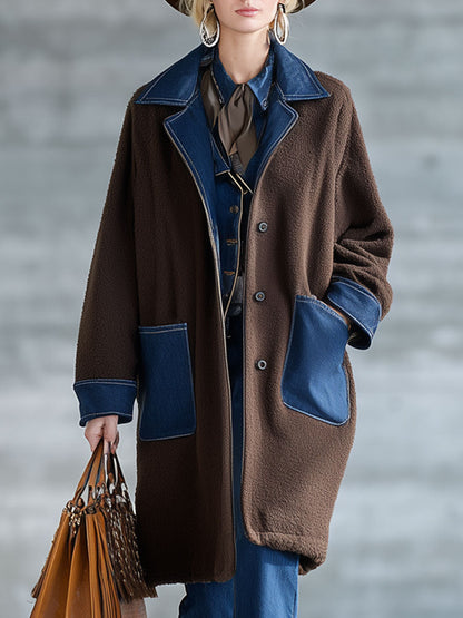 Veste en polaire chocolat avec patchwork en denim - Chic nomade urbain rétro