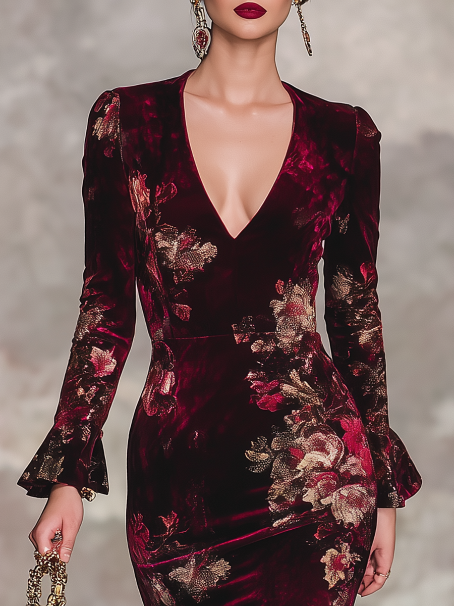 Robe Maxi Vintage en Velours Floral à Manches Longues et Décolleté en V