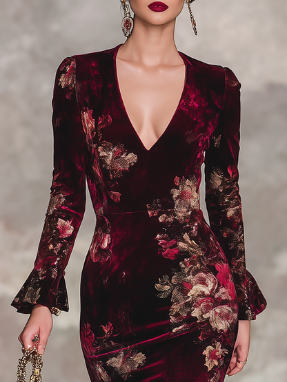 Robe Maxi Vintage en Velours Floral à Manches Longues et Décolleté en V