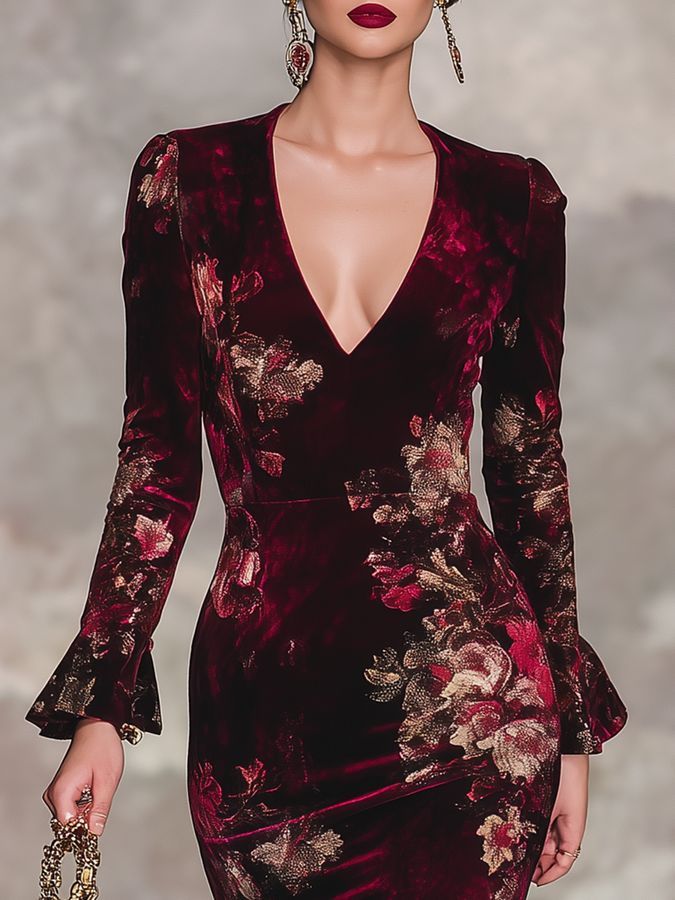 Robe Maxi en Velours Floral avec Décolleté en V et Manches Longues à Volants