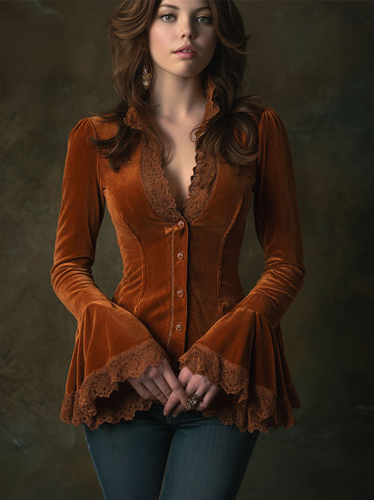 Chemise Longue en Velours Caramel Marron avec Col en V et Détails en Dentelle