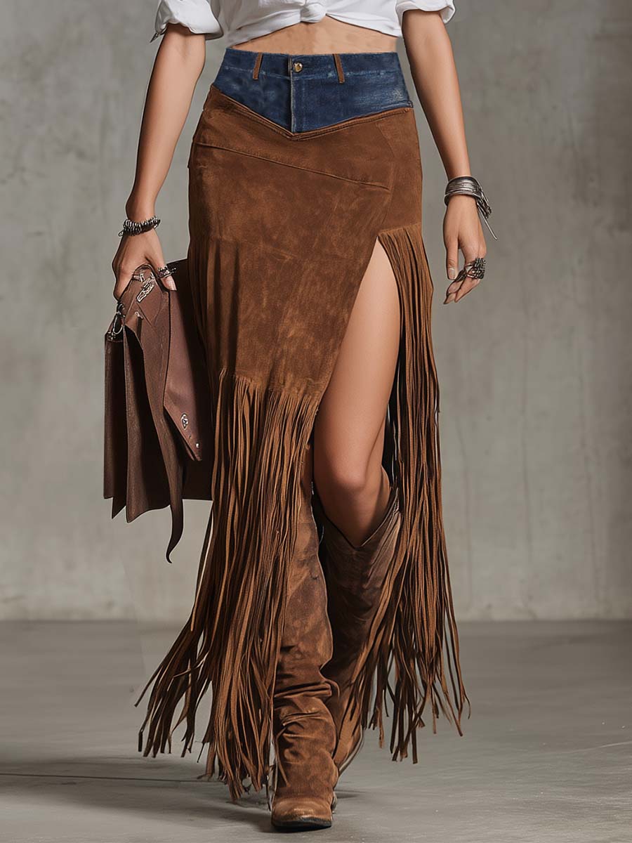 Jupe Longue Asymétrique en Daim Marron avec Patchwork et Franges – Éclat Vintage Western