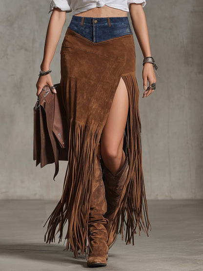Jupe Longue Asymétrique en Daim Marron avec Patchwork et Franges – Éclat Vintage Western