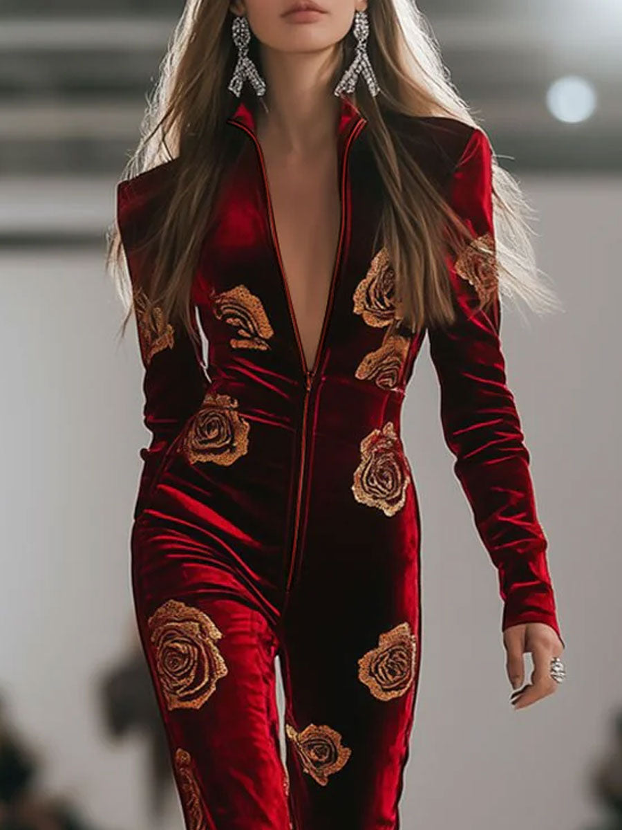 Combinaison Rétro en Velours Rouge avec Imprimé Rose Doré - Expédition Rapide sous 24 Heures!