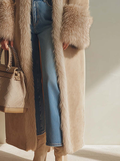 Elegant Long Faux Suede Coat with Luxurious Fleece Lining and Chic Faux Fur Trim