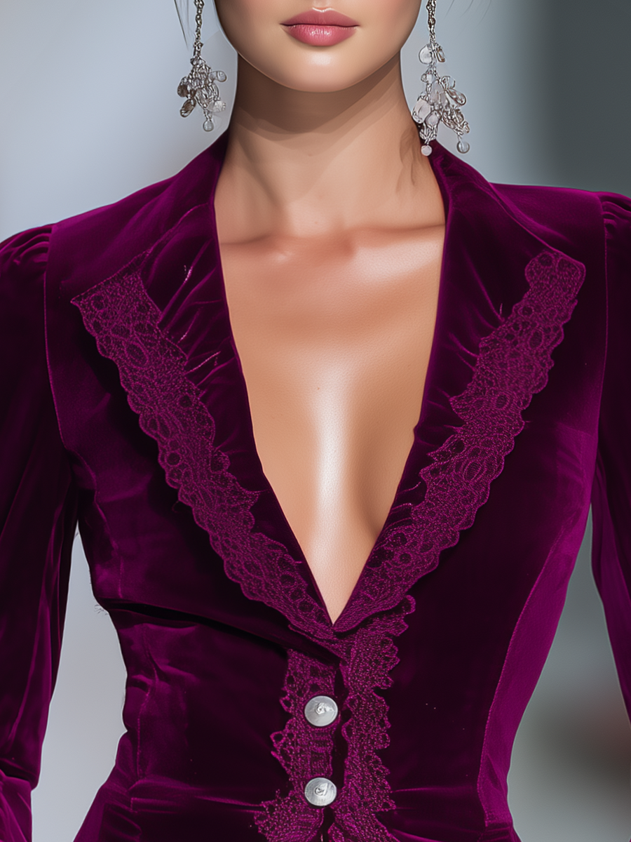 Veste Vintage en Velours Élégante avec Détails Lacés et Boutonnage Simple