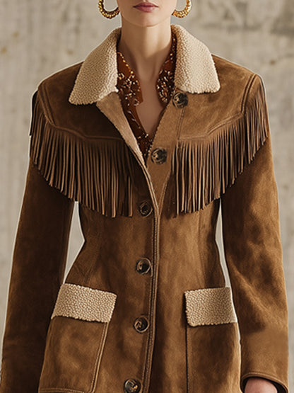 Veste en Suède Synthétique avec Col Sherpa et Franges Western Chic