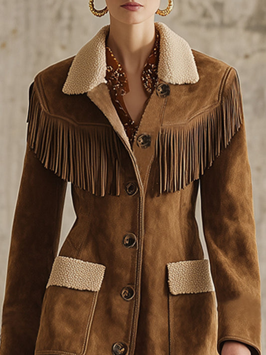 Veste en Suède Synthétique avec Col Sherpa et Franges Western Chic