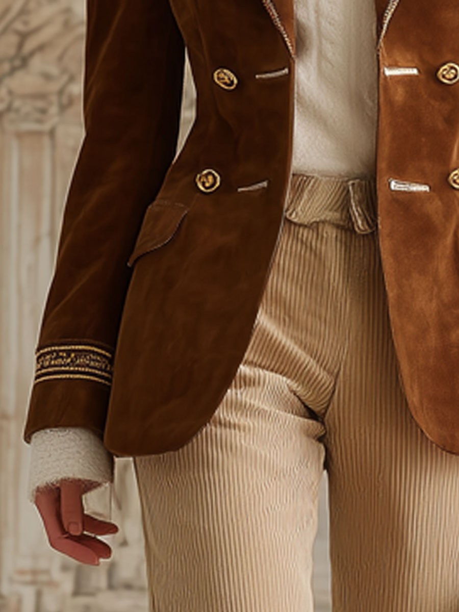 Veste en Suède Synthétique Caramel à Bordure Dorée Vintage