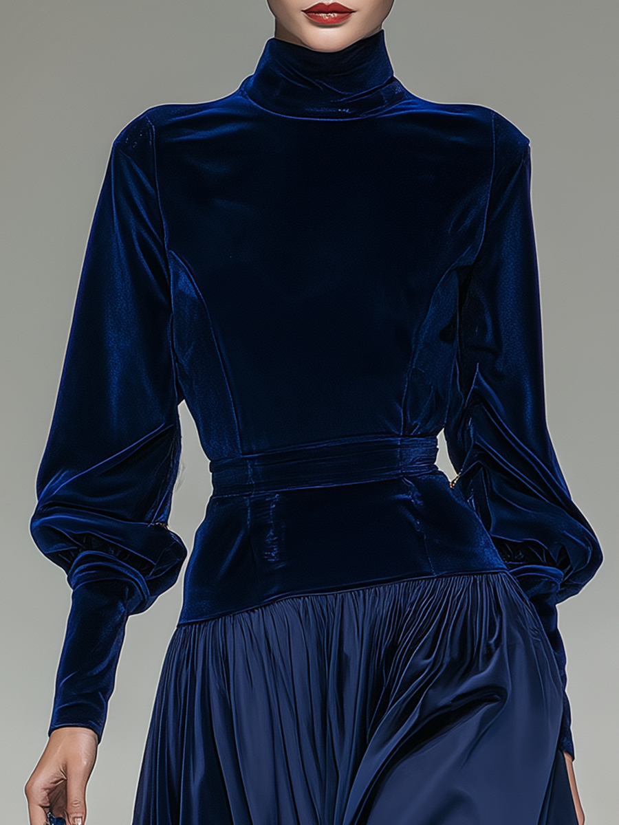 Robe Vintage Chic en Velours Satin avec Col Montant et Manches Longues