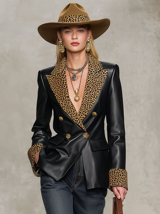 Veste Chic en Simili Cuir avec Imprimé Léopard