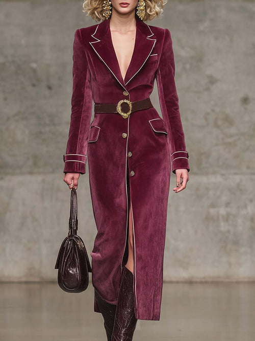 Veste Vintage Western en Velours Rouge Framboise avec Revers Notch, Bord Blanc et Boutonnage Élégant