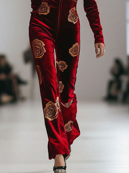 Expédition rapide en 24h : Salopette en velours rouge rétro avec impression de roses dorées et zip, style décontracté