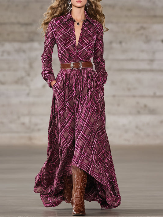 Robe Maxi Longue en Velours Rose à Motif Carreaux Western - Élégance Rétro