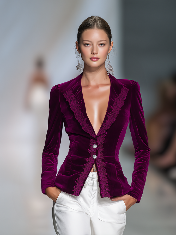 Veste Vintage en Velours Élégante avec Détails en Dentelle
