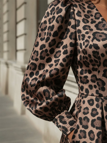 Robe Maxi Vintage à Imprimé Léopard avec Zip