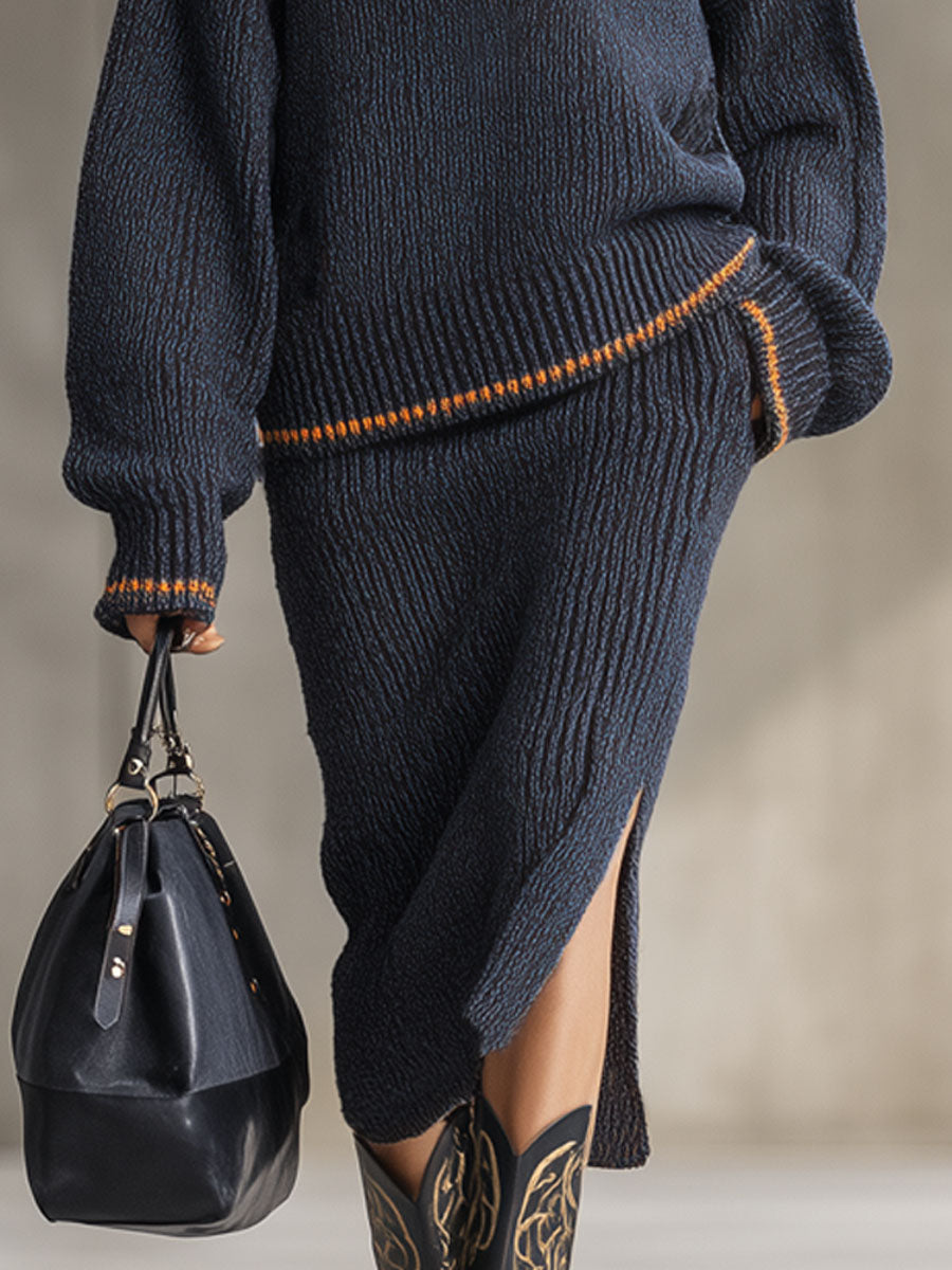 Ensemble Tricoté Chic : Pull et Jupe Contrastés pour un Look Élégant